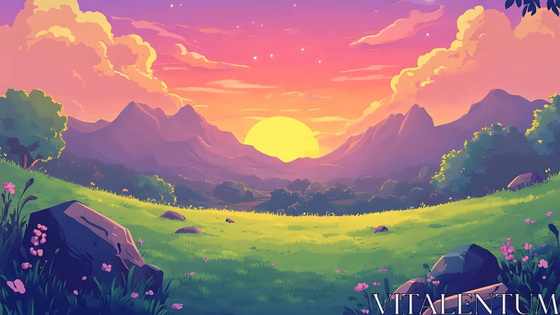 Sunlit valley meadow glows beneath stylized pastel sunset