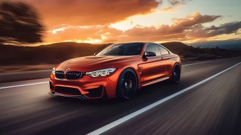 Sport coupe races along highway at vivid sunset sky.