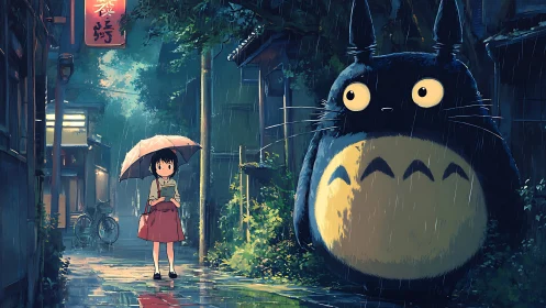 Rainlit alley encounter with gentle forest giant guardian.