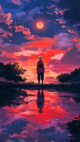 Backlit figure under eclipsed sun with mirrored sky reflection.