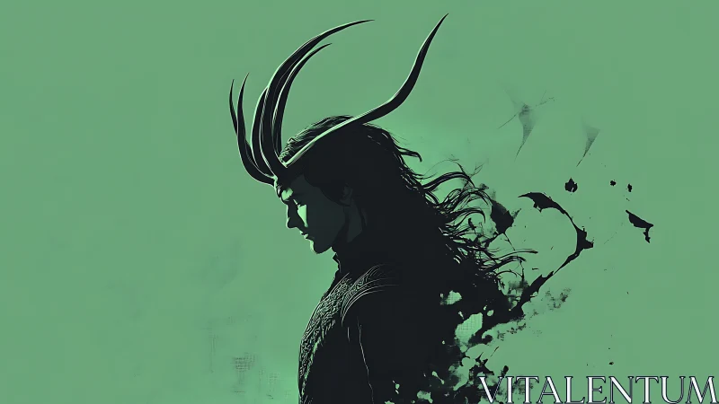 Horned silhouette dissolves into abstract dark fragments.