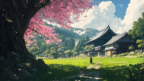 Serene Japanese temple courtyard under blooming cherry tree canopy