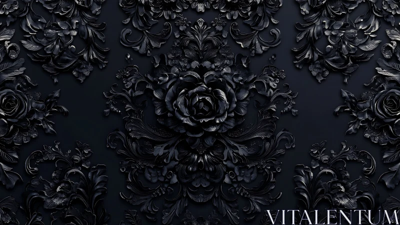 Baroque black floral relief with ornate symmetrical carving.
