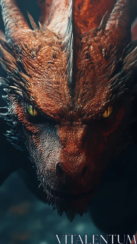 Fiery dragon stares forward with intense golden eyes.