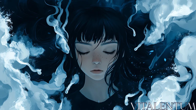 Dreaming girl drifts in swirling blue mist and quiet starlight