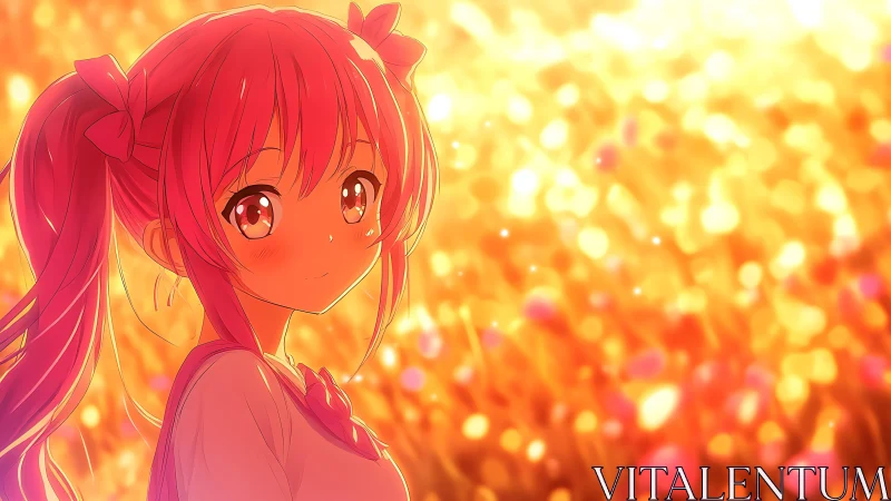 Sunlit pink haired girl glowing in a golden evening field.