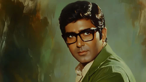 Retro portrait painting of man in glasses on soft abstract background.