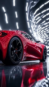 Red supercar in futuristic tunnel with neon motion lines.