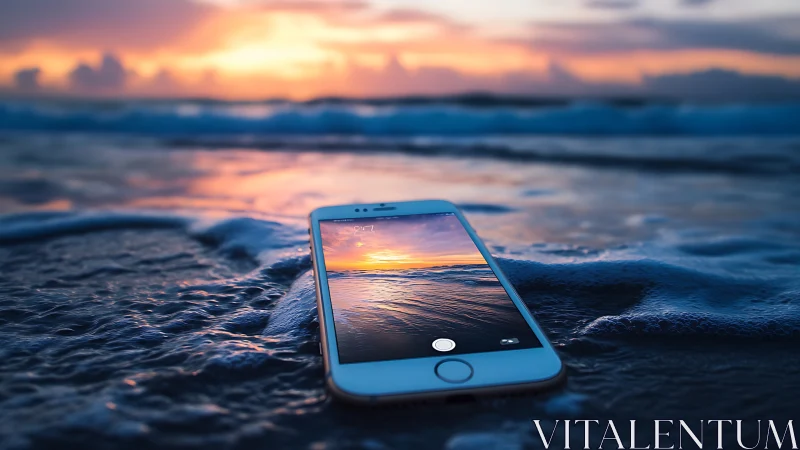 Smartphone Captures Ocean Sunset in Shallow Waves.