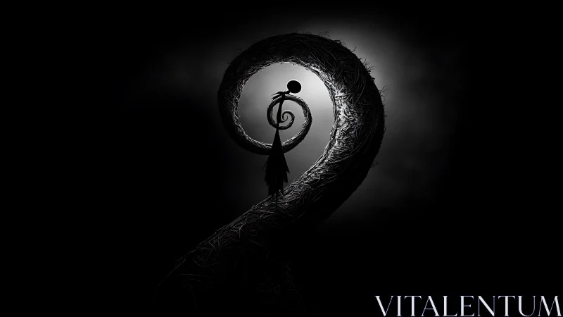 Backlit skeletal figure on spiral ridge in high-contrast chiaroscuro