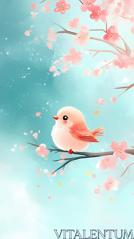 Ethereal Songbird Perched Among Cherry Blossoms in Turquoise.