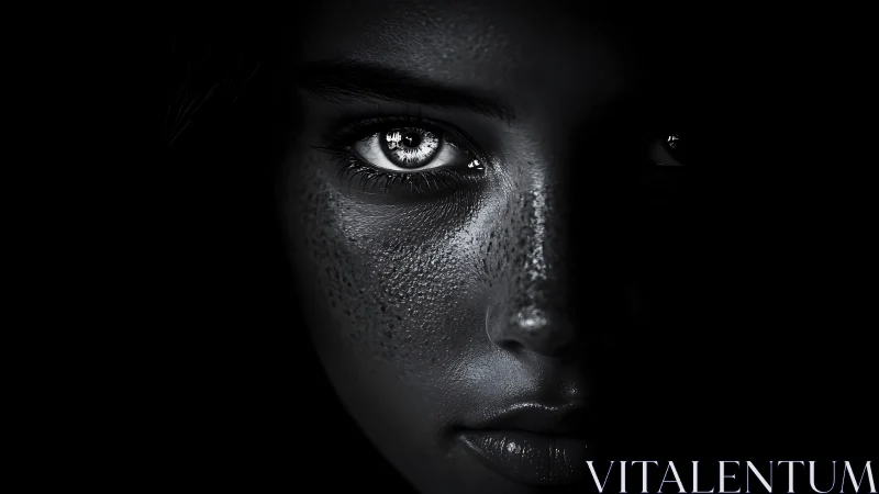 Stark monochrome portrait with intense reflective eyes.