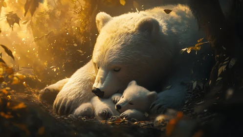 Mother bear rests closely beside two cubs in forest light