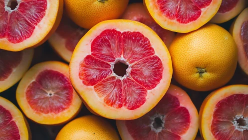 Vibrant halved grapefruits reveal saturated ruby pulp rings