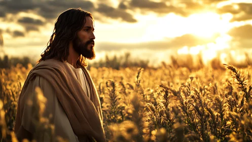 Gentle robed figure walking through a golden sunset field.