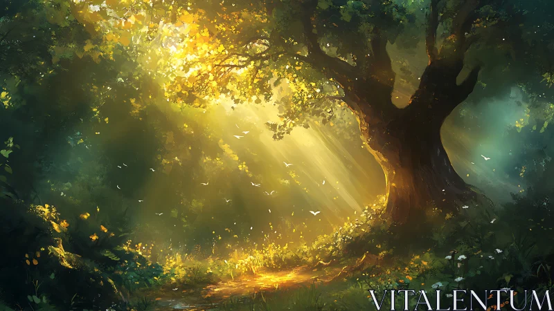 Sunlit forest path glows beneath towering ancient tree