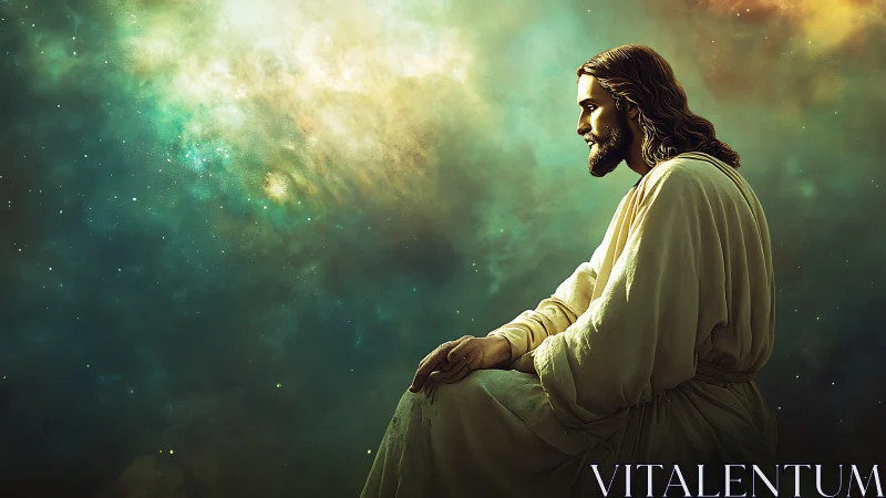 Quiet-robed figure listens to galaxies breathe around him