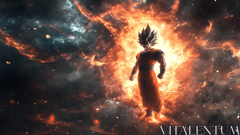 Anime warrior figure in fiery cosmic energy field backdrop.