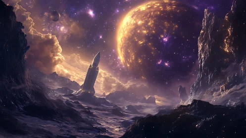 Starlit rocket waits quietly beneath a glowing golden planet