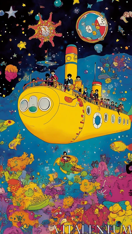 Playful yellow submarine sailing through a dreamlike sea.