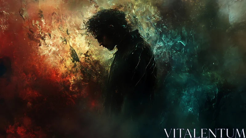 Silhouetted figure in turbulent chromatic nebula field.