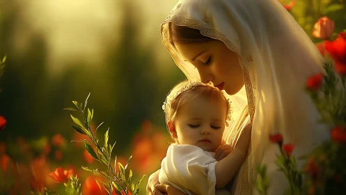 Photorealistic maternal portrait in golden floral environment.