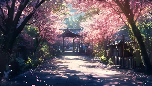 Sunlit shrine lane under confetti clouds of cherry bloom.