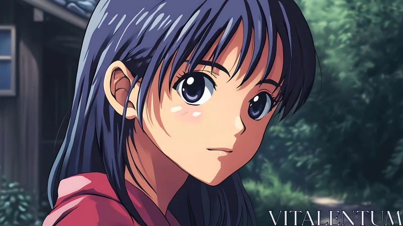 Anime portrait of pensive girl in soft outdoor backlighting