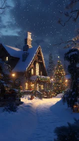 Snowlit cottage glows beside a jeweled Christmas tree dream.