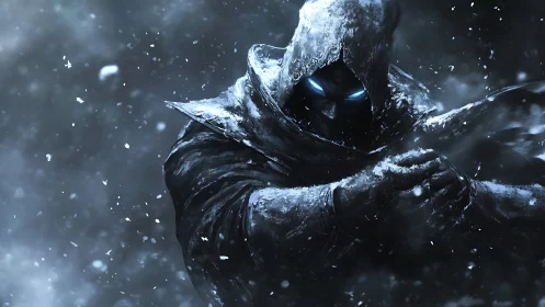 Hooded ice assassin advances through swirling blizzard storm