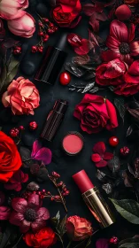 Flatlay of red cosmetic lip products with roses on black velvet