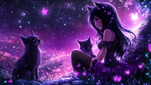 Ethereal figure with luminous cats in radiant mystical environment.