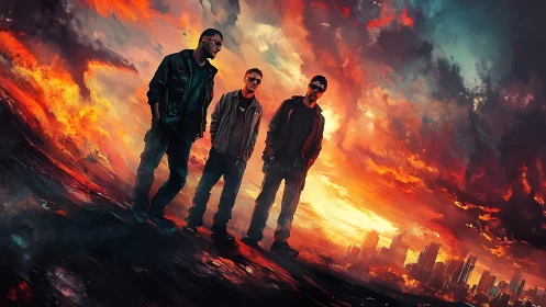 Three men stand before a burning, stormy urban skyline