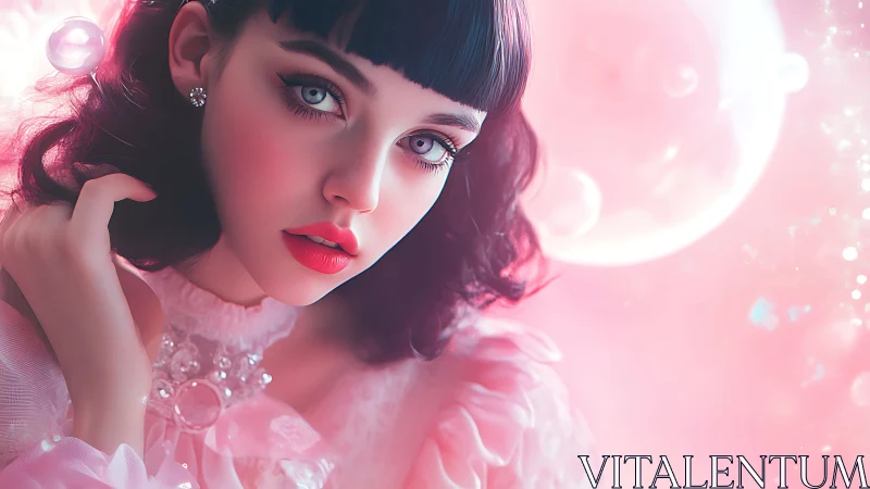 Hyperreal pastel portrait of doll-like girl in pink bokeh