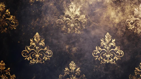 Vintage gold damask motifs adorn distressed dark wallpaper