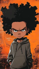 Defiant boy in hoodie against distressed orange wall.