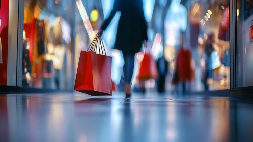 Shallow depth of field view of shopper with red retail bags