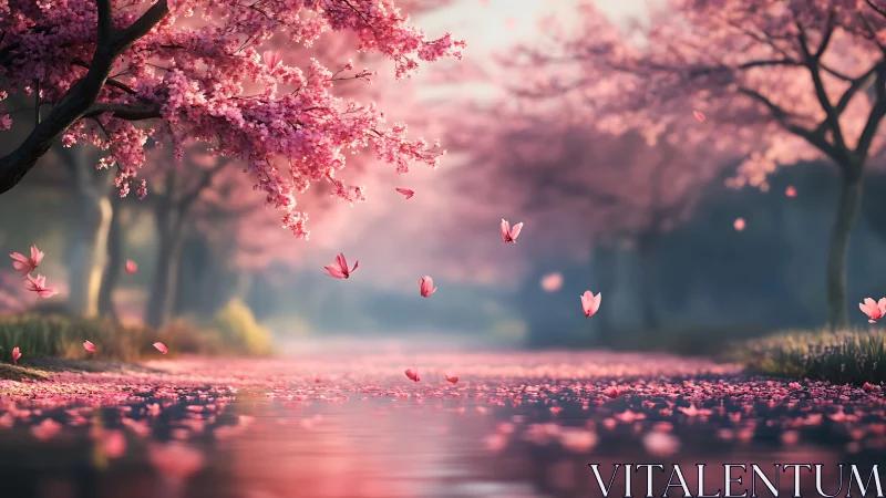 Cherry blossoms lining calm river with drifting petals.