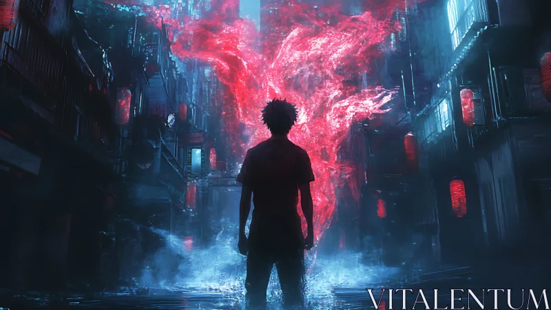 Silhouetted figure observes red energy mass in neon alley