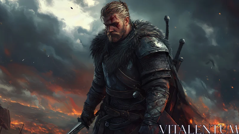 Battle-worn medieval warrior stands over burning battlefield.