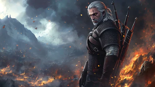 Armored swordsman stands amid burning battlefield under storm clouds