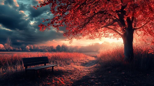 Bench under red tree beside path at dramatic sunset