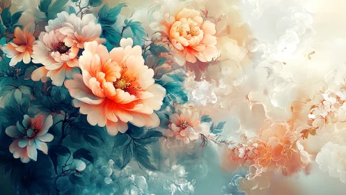 Layered floral composition with peony-type flowers in coral-teal palette.