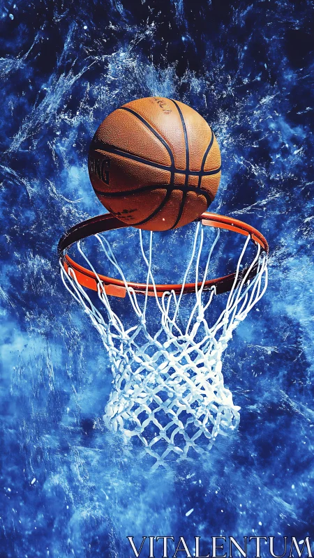Dynamic basketball shot suspended over abstract blue court.