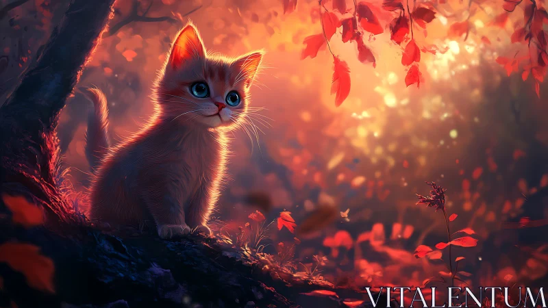 Luminous Kitten Gazes Through Crimson Autumn's Ethereal Warmth