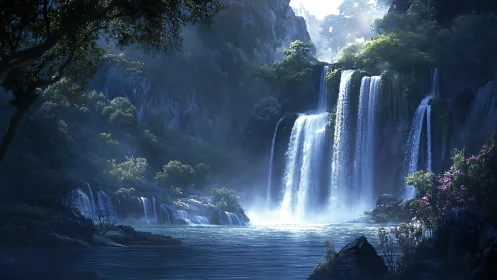 Layered waterfalls in dense forested gorge at dusk light.