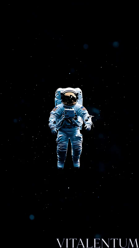 Solitary astronaut floating in deep space void at night.
