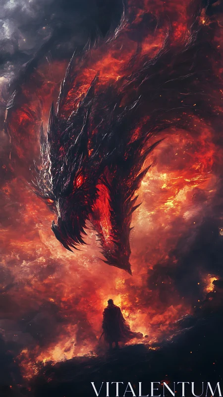 Infernal dragon looming over lone warrior in flamescape.