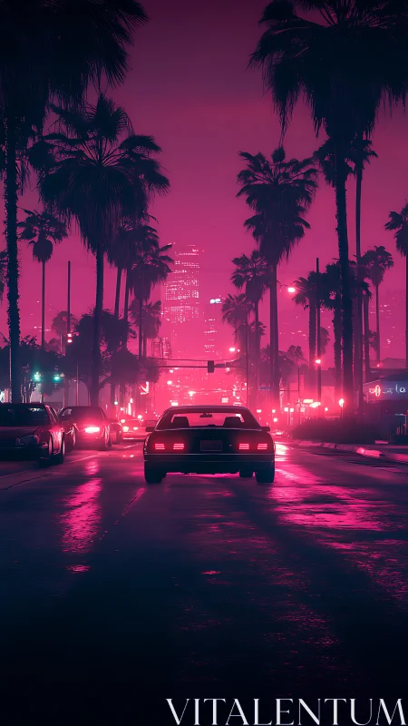 Neon-lit palm avenue with retro car in nocturnal traffic.