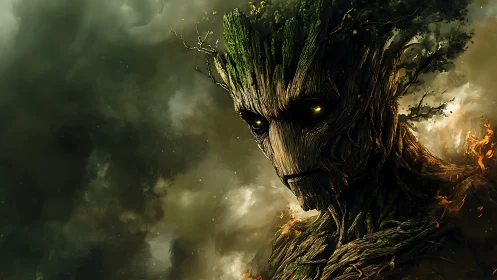 Ancient forest titan watches over a burning, stormlit world.